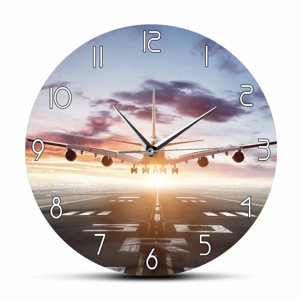 JET PLANE FLYING OVER RUNWAY MODERN WALL CLOCK THE AVIATOR